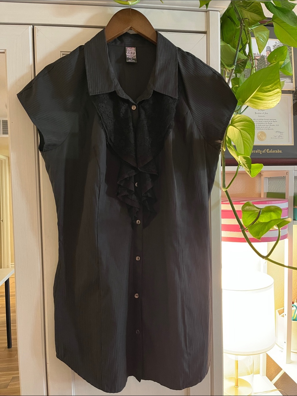 Free People Black Ruffle Button-Up Blouse